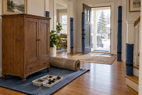 Household items staged for careful removal beside protected doors and a clear exit