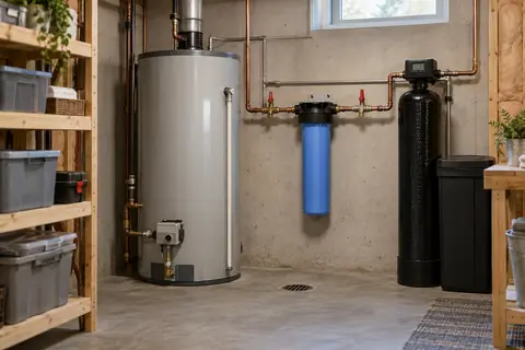 Household water equipment with a heater, filter, shutoffs and a floor drain